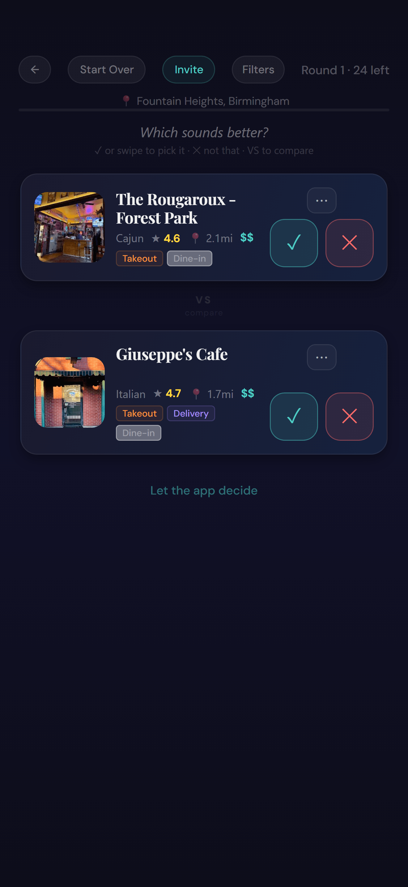 Two restaurants shown head to head in the Not That app