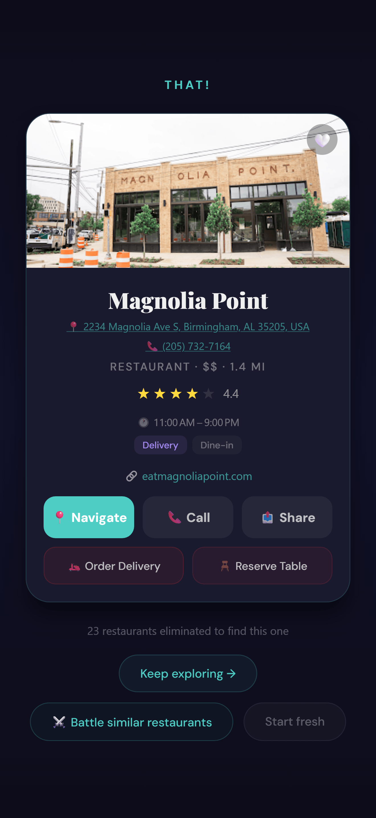 Winner screen with restaurant details, directions and hours